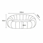A mustard yellow pet bed with a ribbed, scalloped edge design, shown with dimension lines and labels indicating a width of 150cm, height of 65cm, depth of 100cm, and cushion height of 36cm on a white background.
