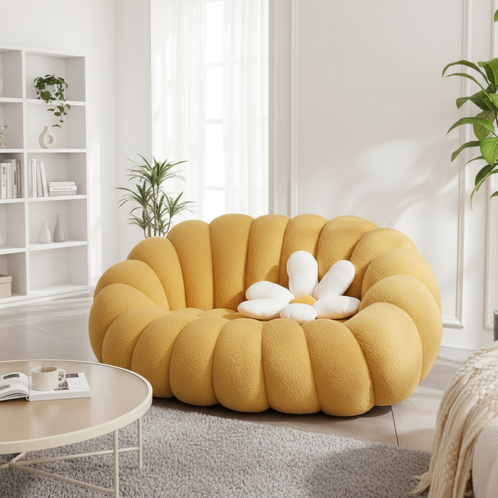 Pumpkin Sofa Chair For Two People, Heavy Duty Frame Wool Chair, Cloud Loveseat, No Assemble Needed, Orange Multi Market World Inc.