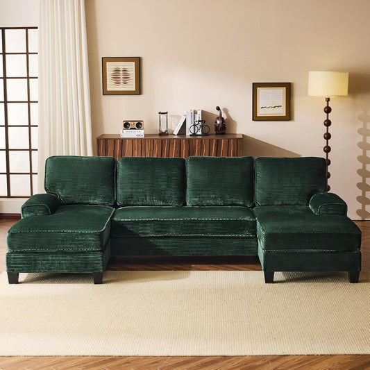 109" U-Shaped Modular Sectional Couch with Double Chaise Lounge - Soft Corduroy Fabric - 4-Seat Solid Wood Frame - Cloud Sofa for Home Theater, Large Living Room, & Pet-Friendly Spaces