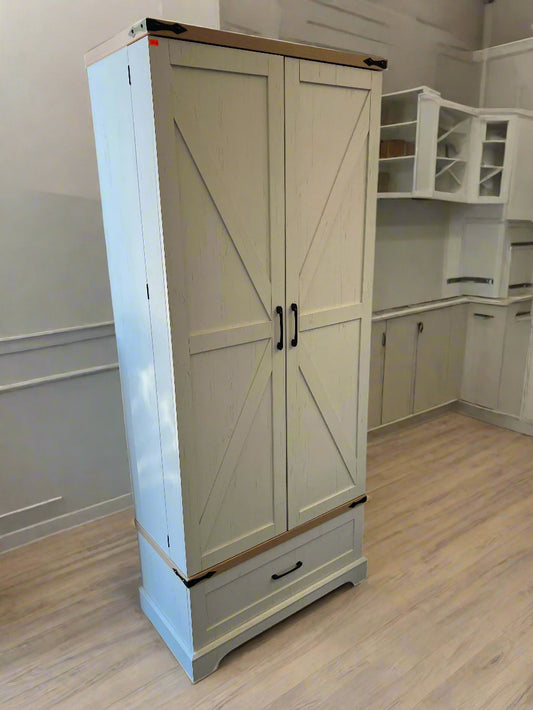 72" Farmhouse-Style Wooden Pantry Cabinet with Barn Doors, Adjustable Shelves & Drawer Storage – Off-White Finish
