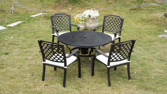 5-Piece Round Cast Aluminum Patio Dining Set with Built-In Charcoal BBQ Grill