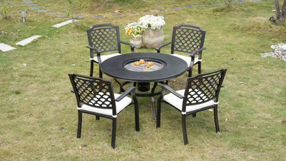 5-Piece Round Cast Aluminum Patio Dining Set with Built-In Charcoal BBQ Grill