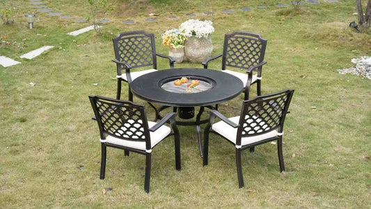 5-Piece Round Cast Aluminum Patio Dining Set with Built-In Charcoal BBQ Grill