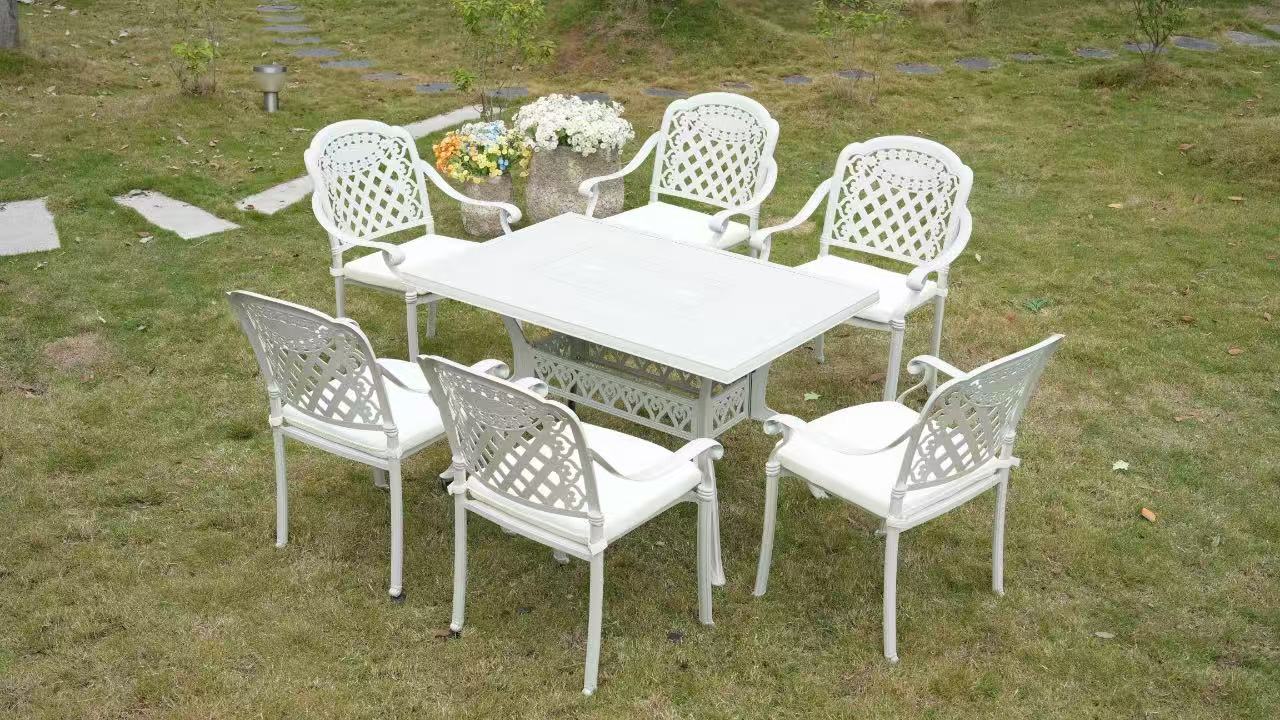 7-Piece Rectangular Patio Dining Set with Built-In Charcoal BBQ Grill