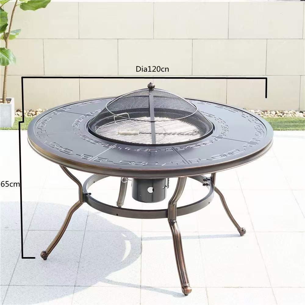 5-Piece Round Cast Aluminum Patio Dining Set with Built-In Charcoal BBQ Grill
