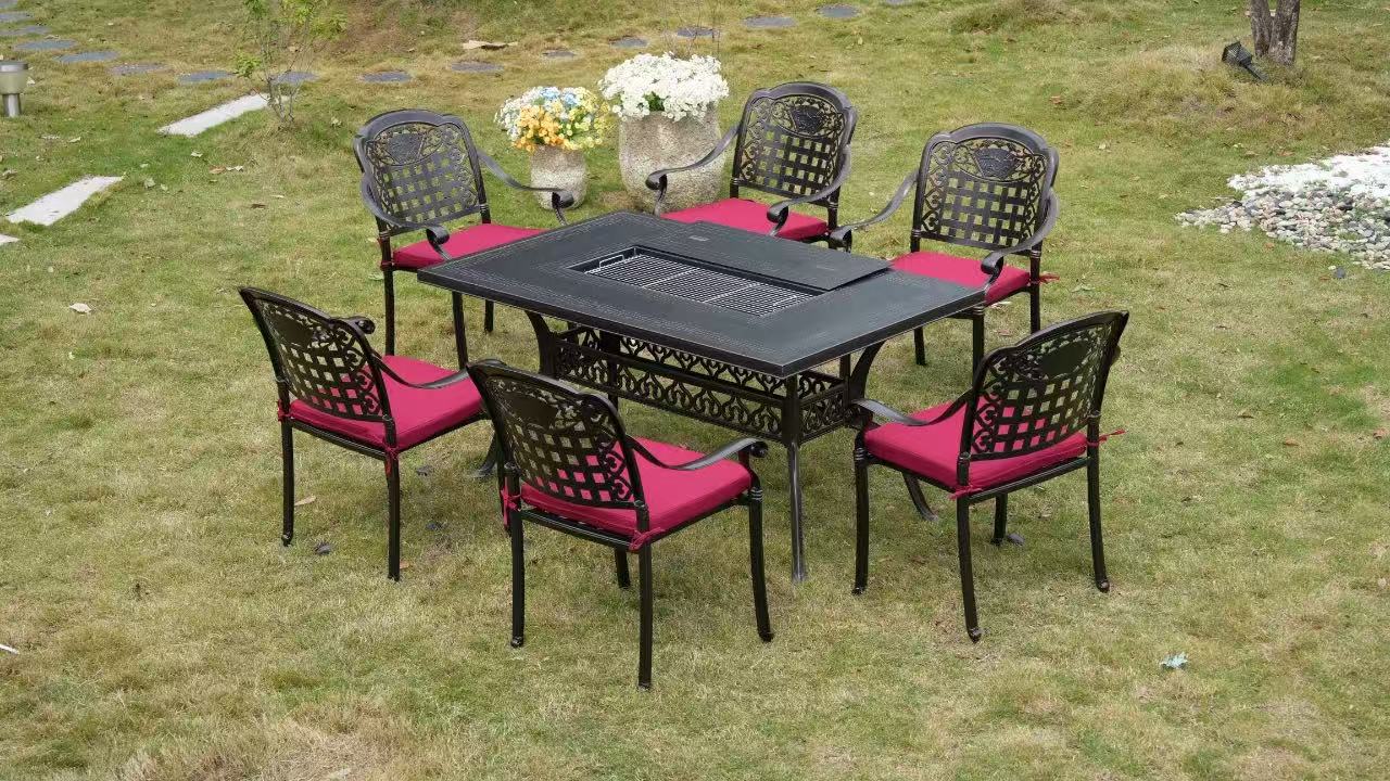7-Piece Large Patio Dining Set with Built-In Charcoal BBQ Grill