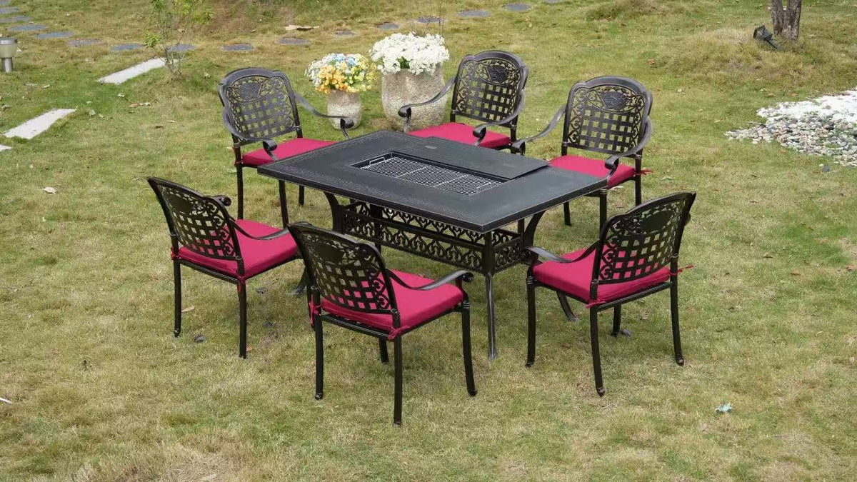 7-Piece Large Patio Dining Set with Built-In Charcoal BBQ Grill Multi Market World Inc.