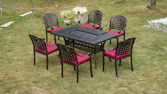 7-Piece Large Patio Dining Set with Built-In Charcoal BBQ Grill