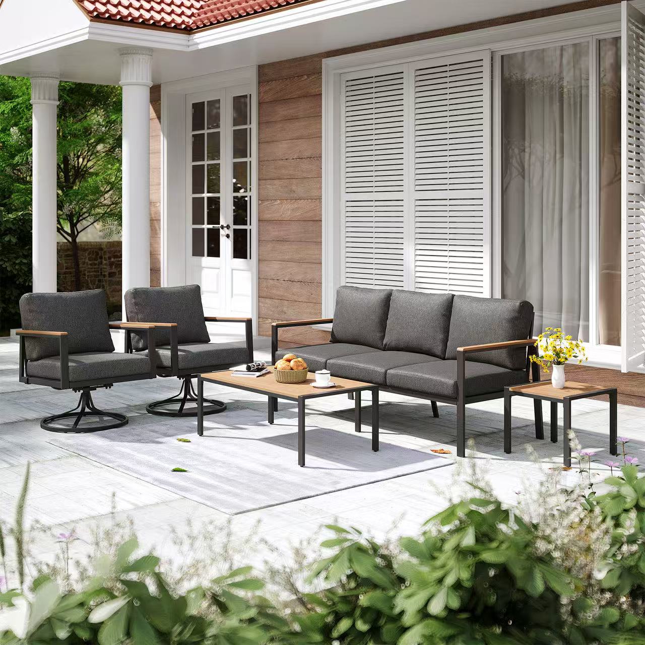 5-Piece Outdoor Patio Furniture Set with 360° Swivel Rocker Chairs, 3-Person Sofa, and 2 Coffee Tables – Gray Wicker Lounge Set with 4" Thick Cushions Multi Market World Inc.