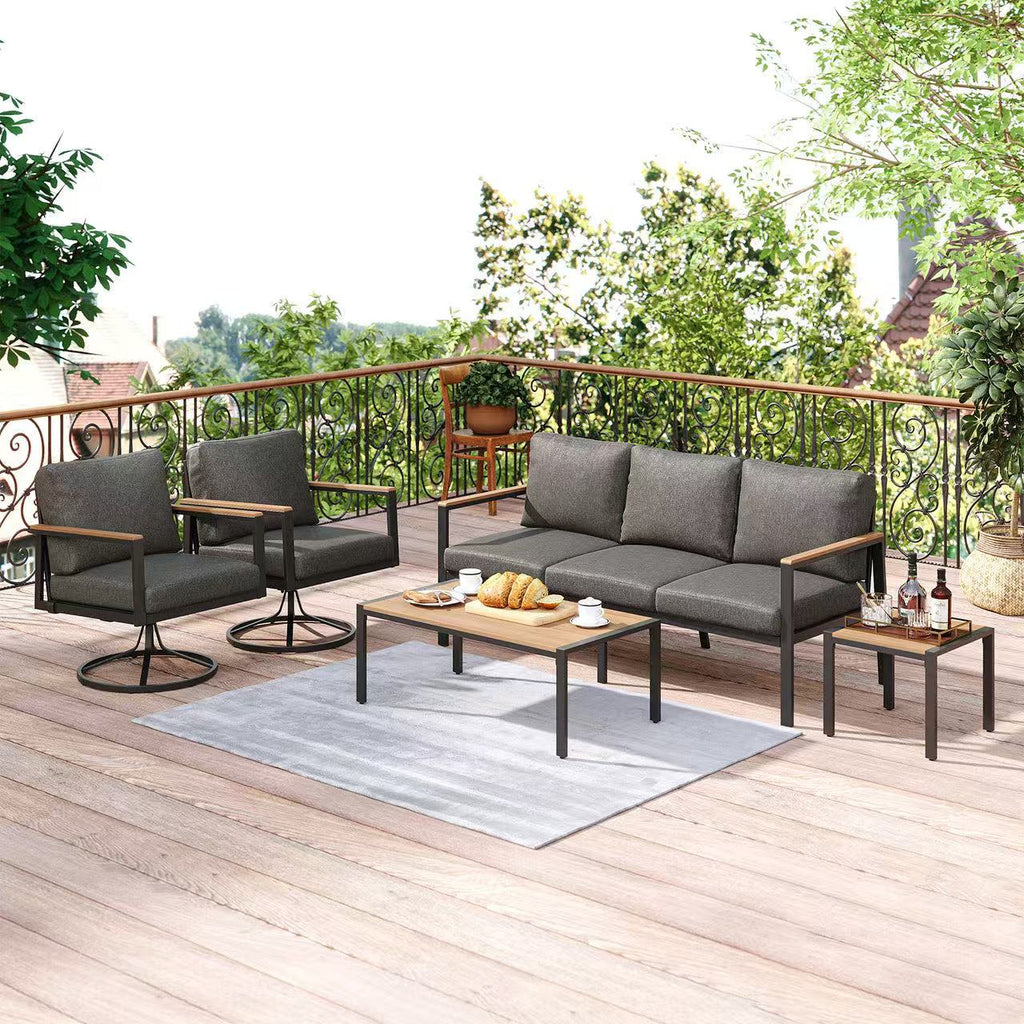 5-Piece Outdoor Patio Furniture Set with 360° Swivel Rocker Chairs, 3-Person Sofa, and 2 Coffee Tables – Gray Wicker Lounge Set with 4" Thick Cushions Multi Market World Inc.