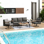 5-Piece Outdoor Patio Furniture Set with 360° Swivel Rocker Chairs, 3-Person Sofa, and 2 Coffee Tables – Gray Wicker Lounge Set with 4" Thick Cushions Multi Market World Inc.