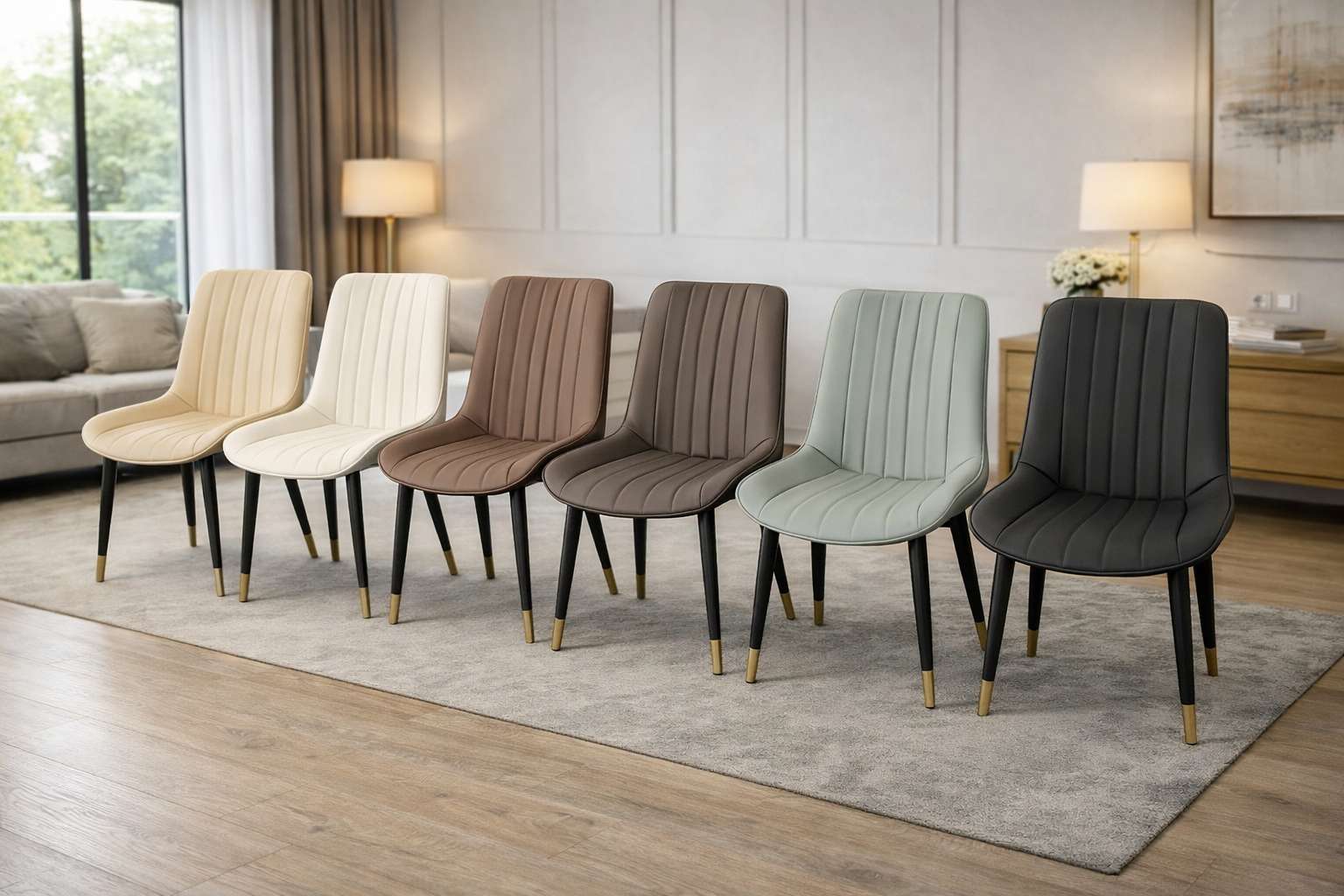 Set of six upholstered chairs in various colors arranged in a living room.