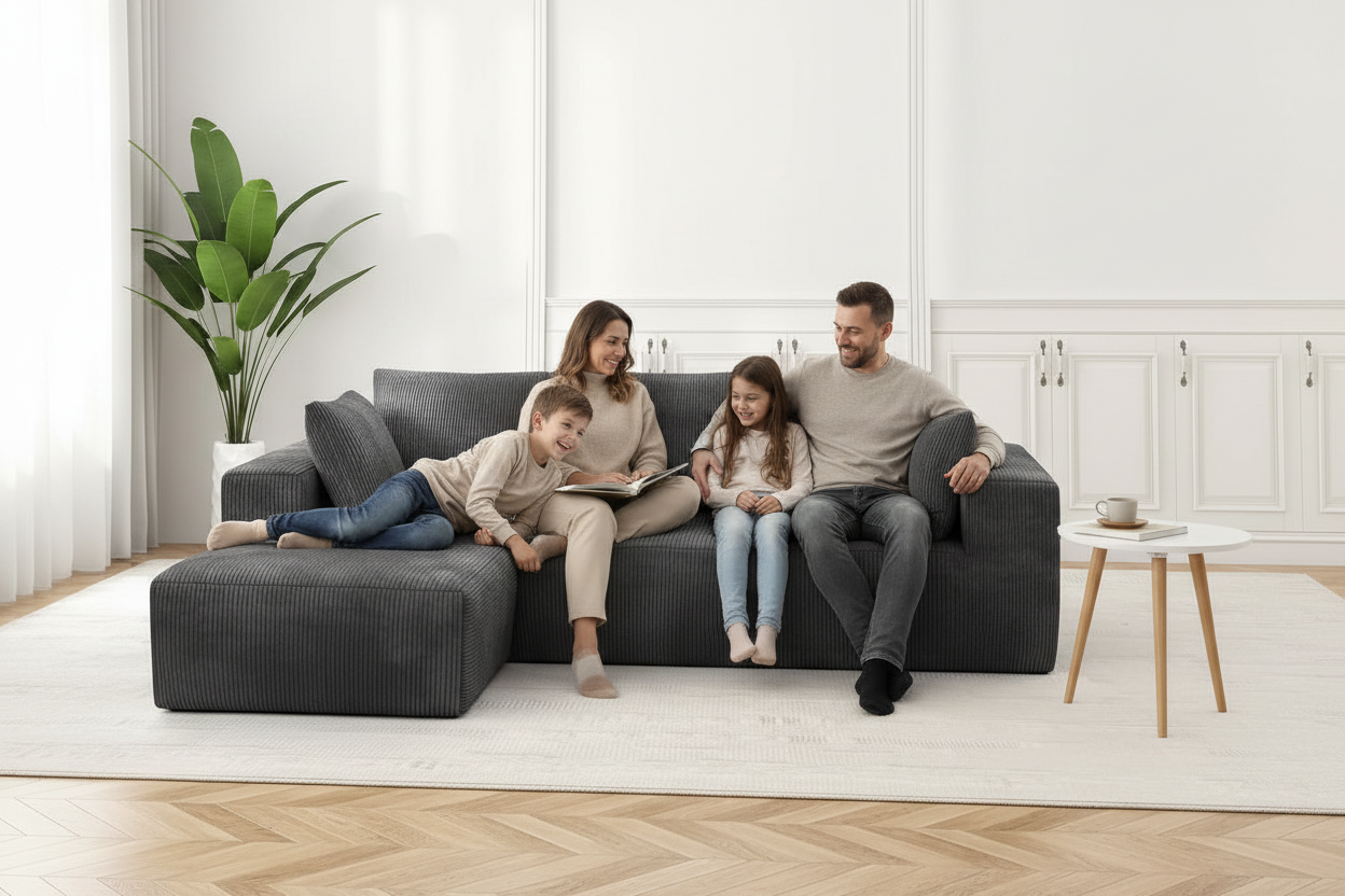 108” Cloud Sectional Couch - Modular Corduroy L-Shaped Sofa - Boneless Deep Seat Couch with Chaise - No Assembly Required - Dark Grey Multi Market World Inc.