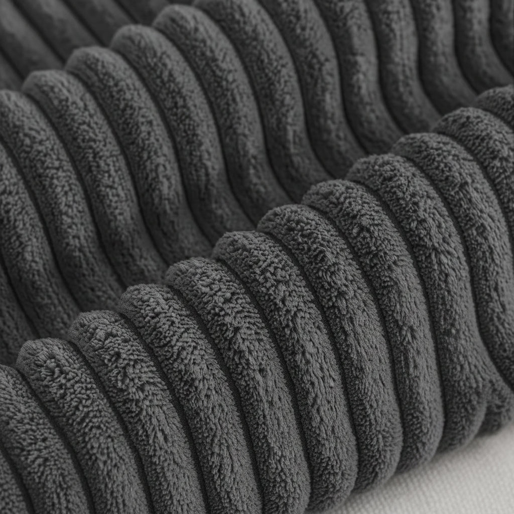 Close-up of dark gray corduroy fabric with 'Luxury Corduroy Fabric' text and icons indicating skin-friendliness, breathability, luxury velvet texture, and easy care.