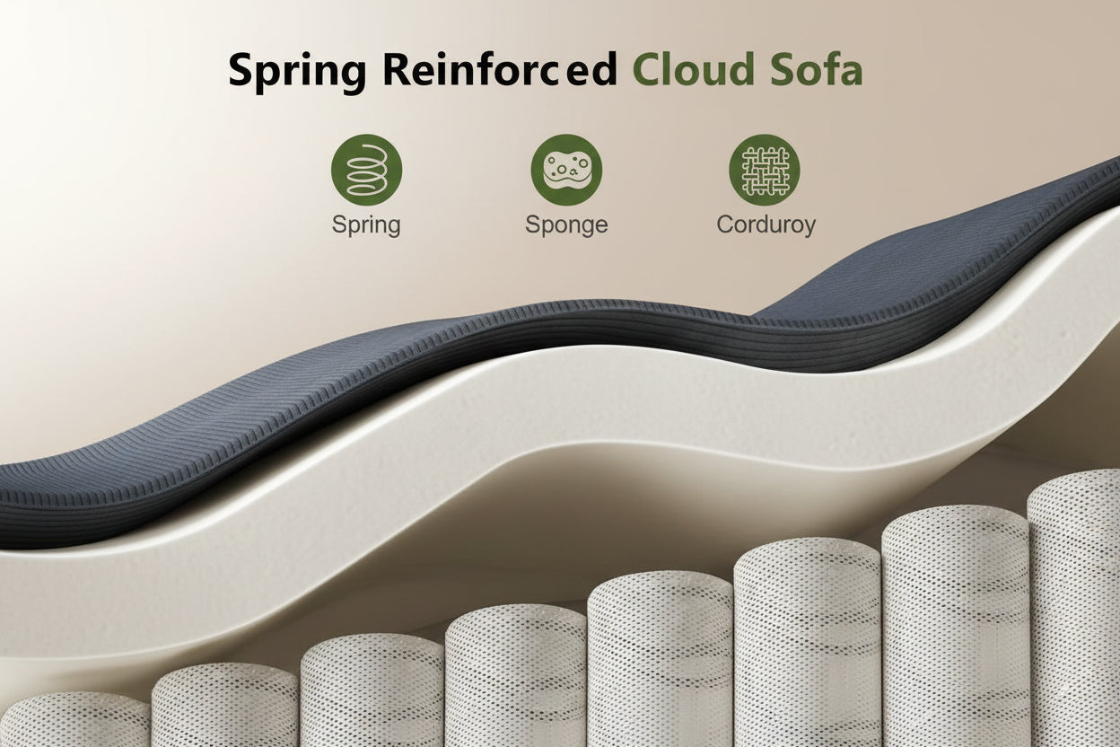 Diagram of a spring reinforced cloud sofa with labeled components on a white background.