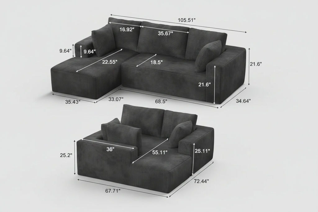 Gray sectional sofa with dimensions labeled on a white background