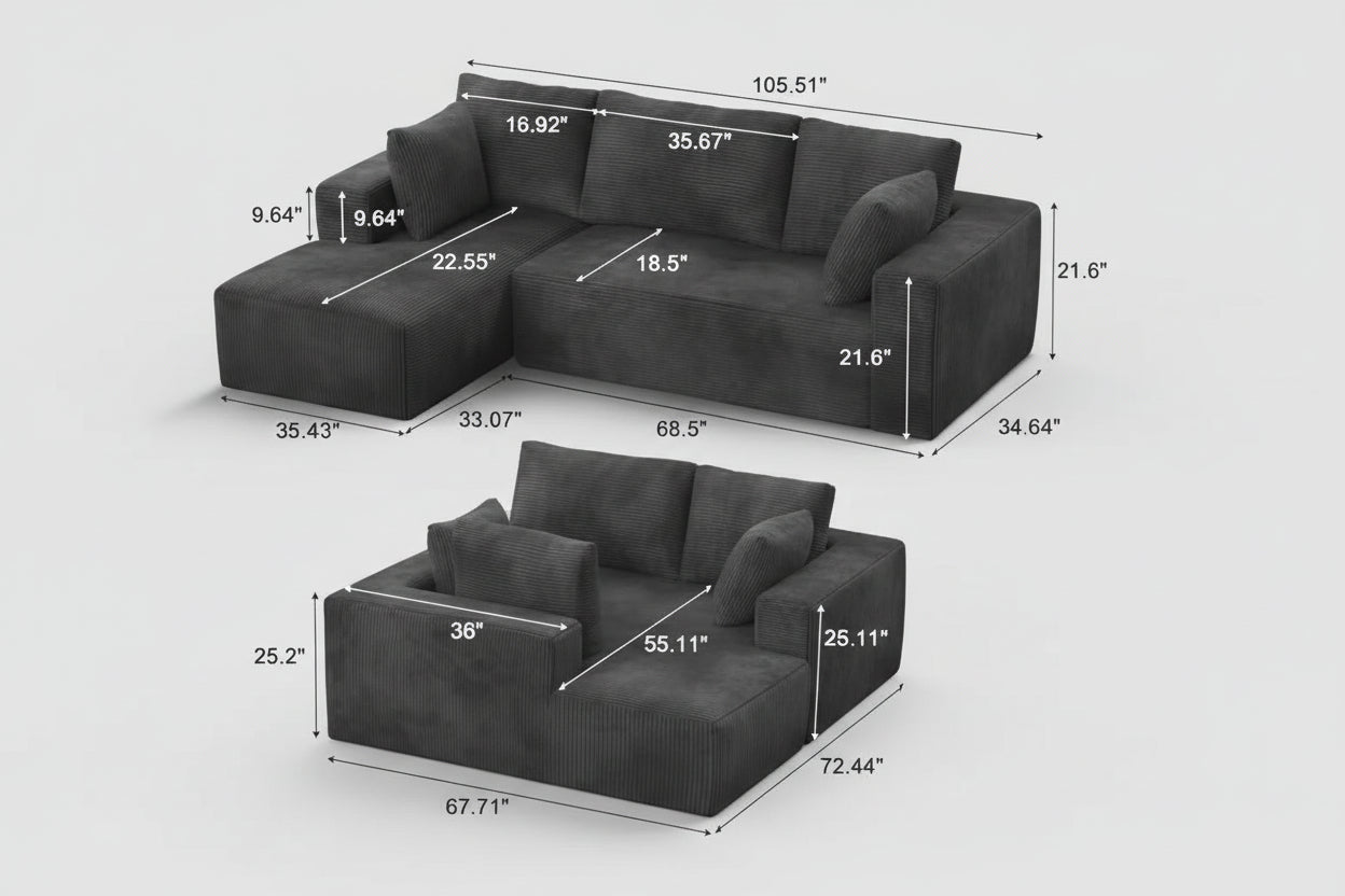 Gray sectional sofa with dimensions labeled on a white background