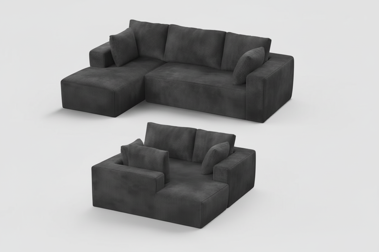 108” Cloud Sectional Couch - Modular Corduroy L-Shaped Sofa - Boneless Deep Seat Couch with Chaise - No Assembly Required - Dark Grey Multi Market World Inc.