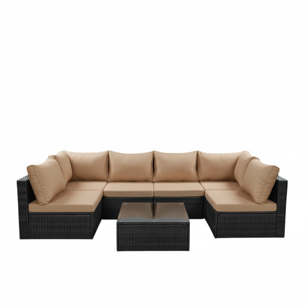 MMW 7-piece Patio Furniture, Rattan Dining Set with Glass Coffee Table Multi Market World Inc.
