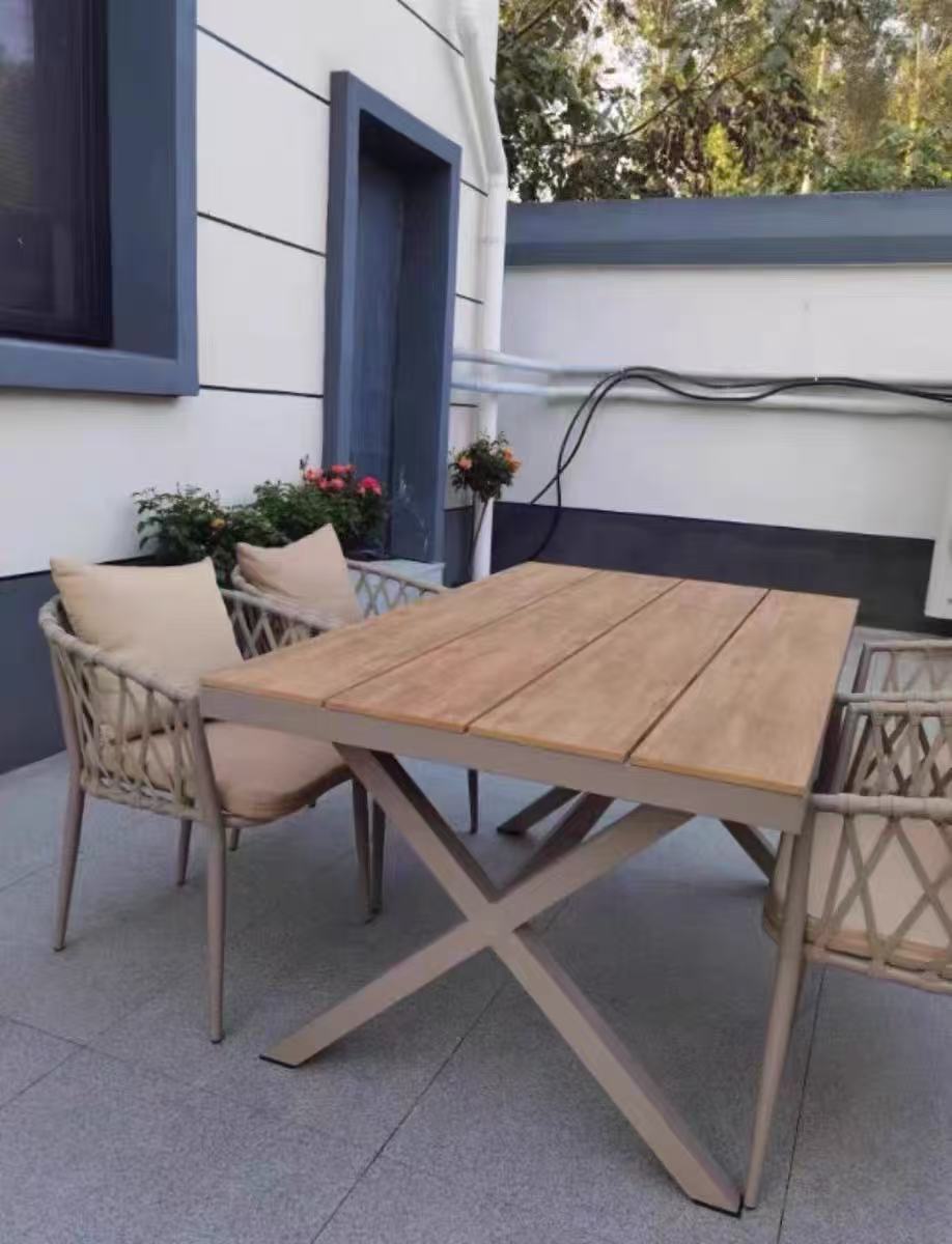 7-Piece Aluminum Patio Dining Set, 150cm Teak-Style Table & 6 Rope-Woven Chairs Multi Market World Inc.
