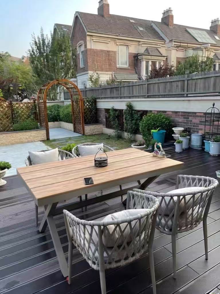 7-Piece Aluminum Patio Dining Set, 150cm Teak-Style Table & 6 Rope-Woven Chairs Multi Market World Inc.