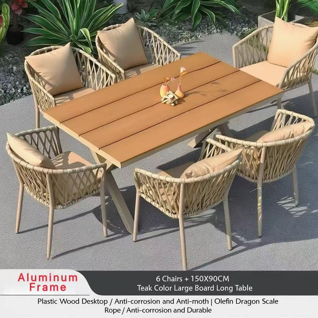 7-Piece Aluminum Patio Dining Set, 150cm Teak-Style Table & 6 Rope-Woven Chairs Multi Market World Inc.
