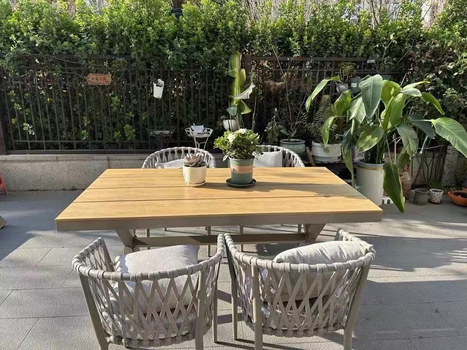 7-Piece Aluminum Patio Dining Set, 150cm Teak-Style Table & 6 Rope-Woven Chairs Multi Market World Inc.