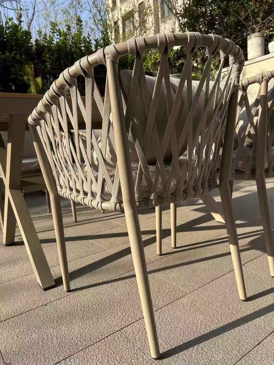 7-Piece Aluminum Patio Dining Set, 150cm Teak-Style Table & 6 Rope-Woven Chairs Multi Market World Inc.