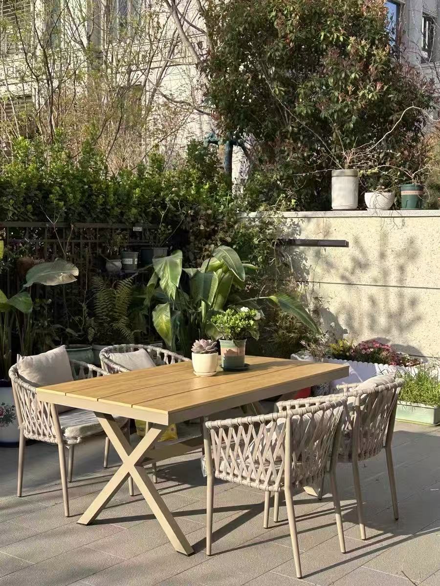 7-Piece Aluminum Patio Dining Set, 150cm Teak-Style Table & 6 Rope-Woven Chairs Multi Market World Inc.