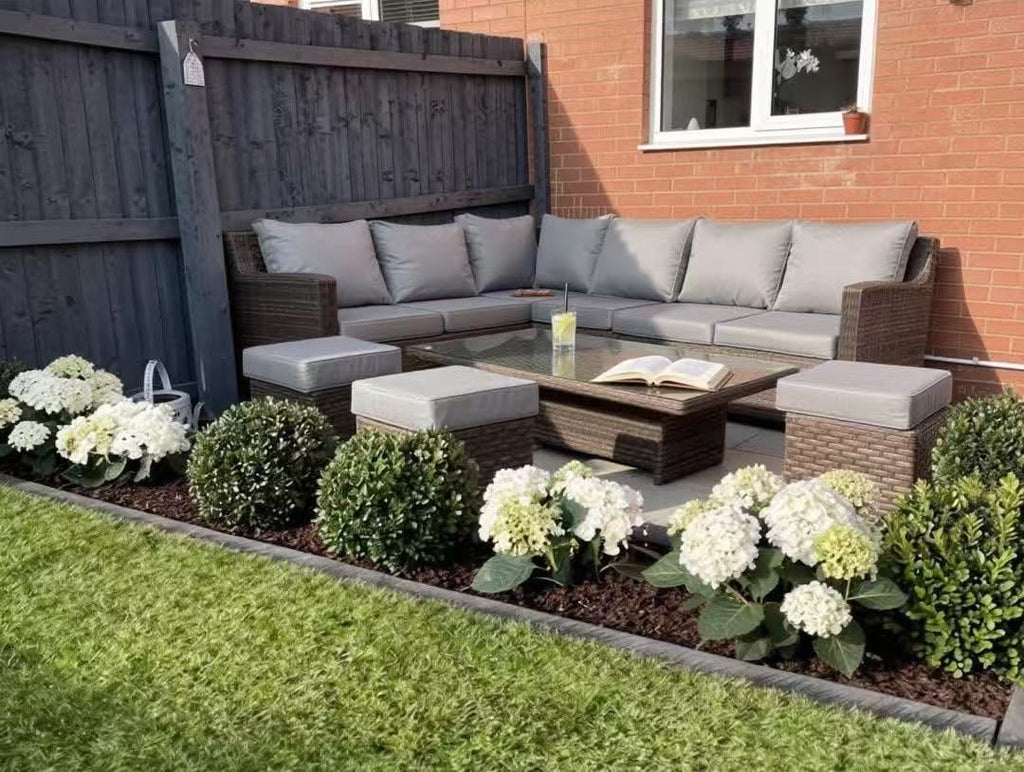 9-Seater Grey Rattan Garden Aluminum Patio Dining Set, with Glass Top Table Multi Market World Inc.