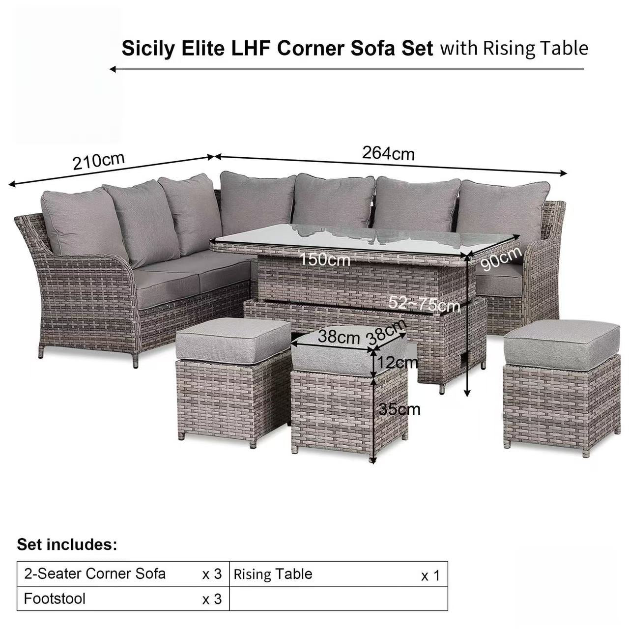9-Seater Grey Rattan Garden Aluminum Patio Dining Set, with Glass Top Table Multi Market World Inc.