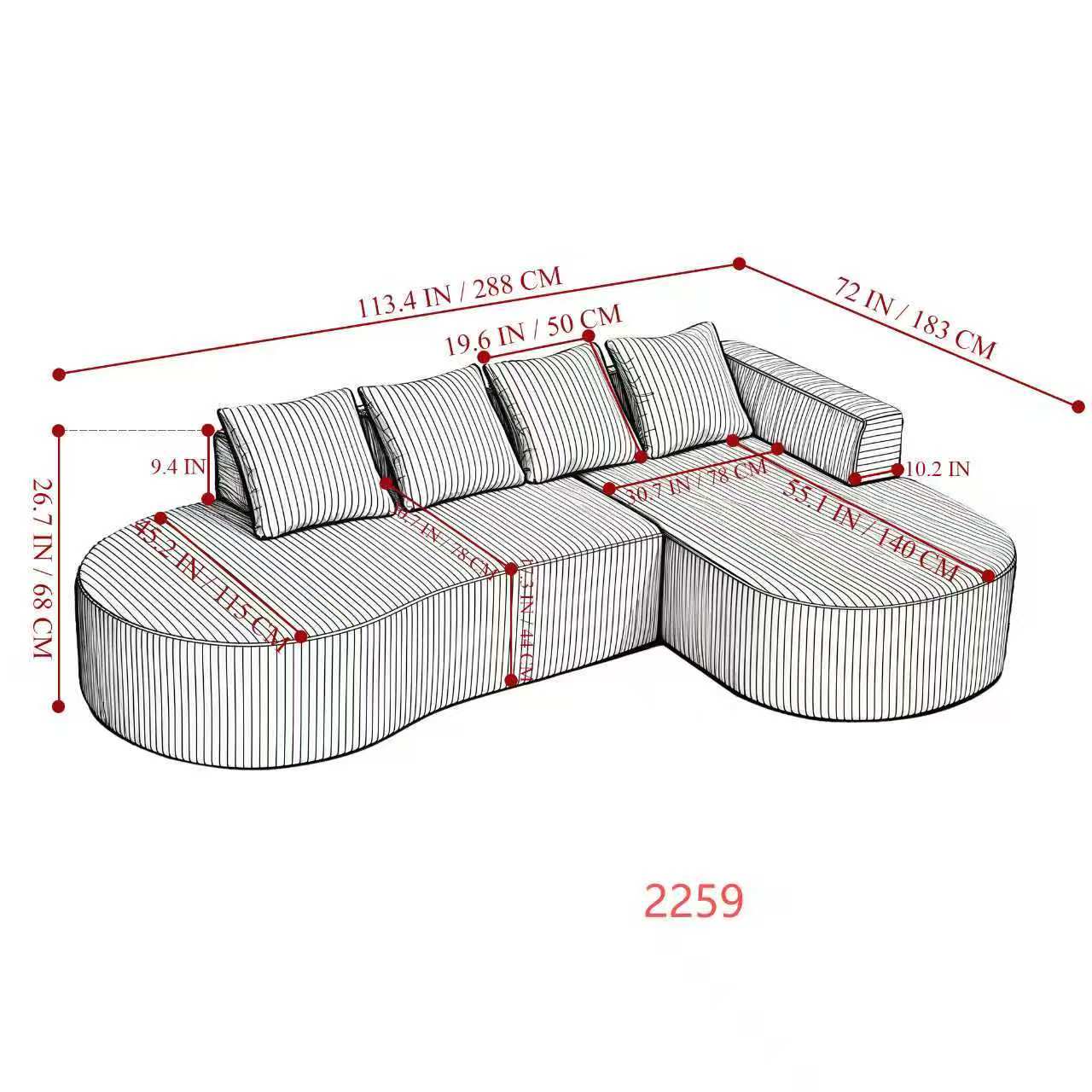 Multi Market World Boneless Corduroy Sectional Sofa, Curved Cloud Sofa Multi Market World Inc.