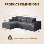 106” Cloud Sectional Couch - Modular Corduroy L-Shaped Sofa - Boneless Deep Seat Couch with Chaise - No Assembly Required - Dark Grey Multi Market World Inc.