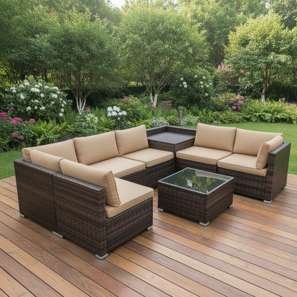 8-Piece Outdoor Rattan Sectional Sofa Set,  6-Seater Modular Wicker Patio Furniture with Corner Storage Box and Glass Top Coffee Table Multi Market World Inc.