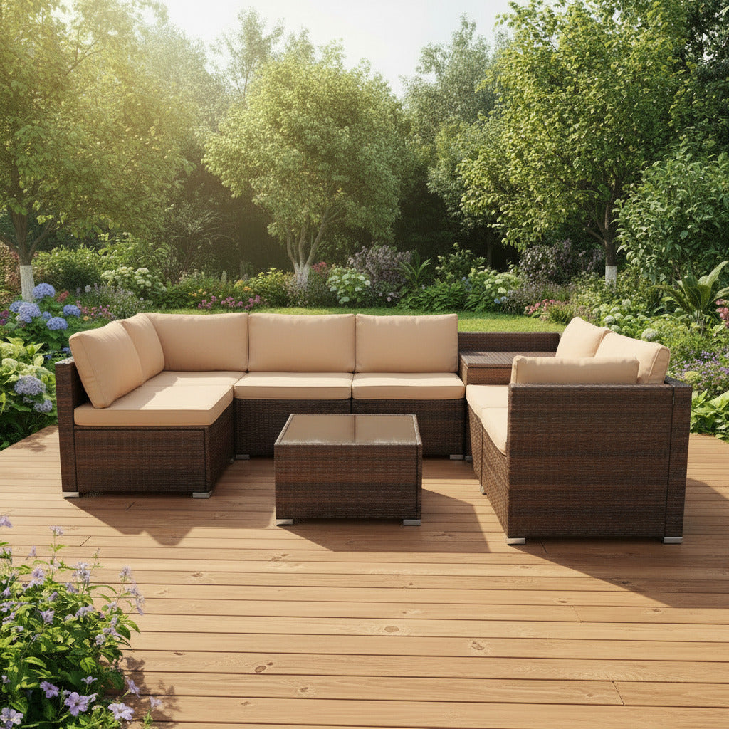 8-Piece Outdoor Rattan Sectional Sofa Set,  6-Seater Modular Wicker Patio Furniture with Corner Storage Box and Glass Top Coffee Table Multi Market World Inc.