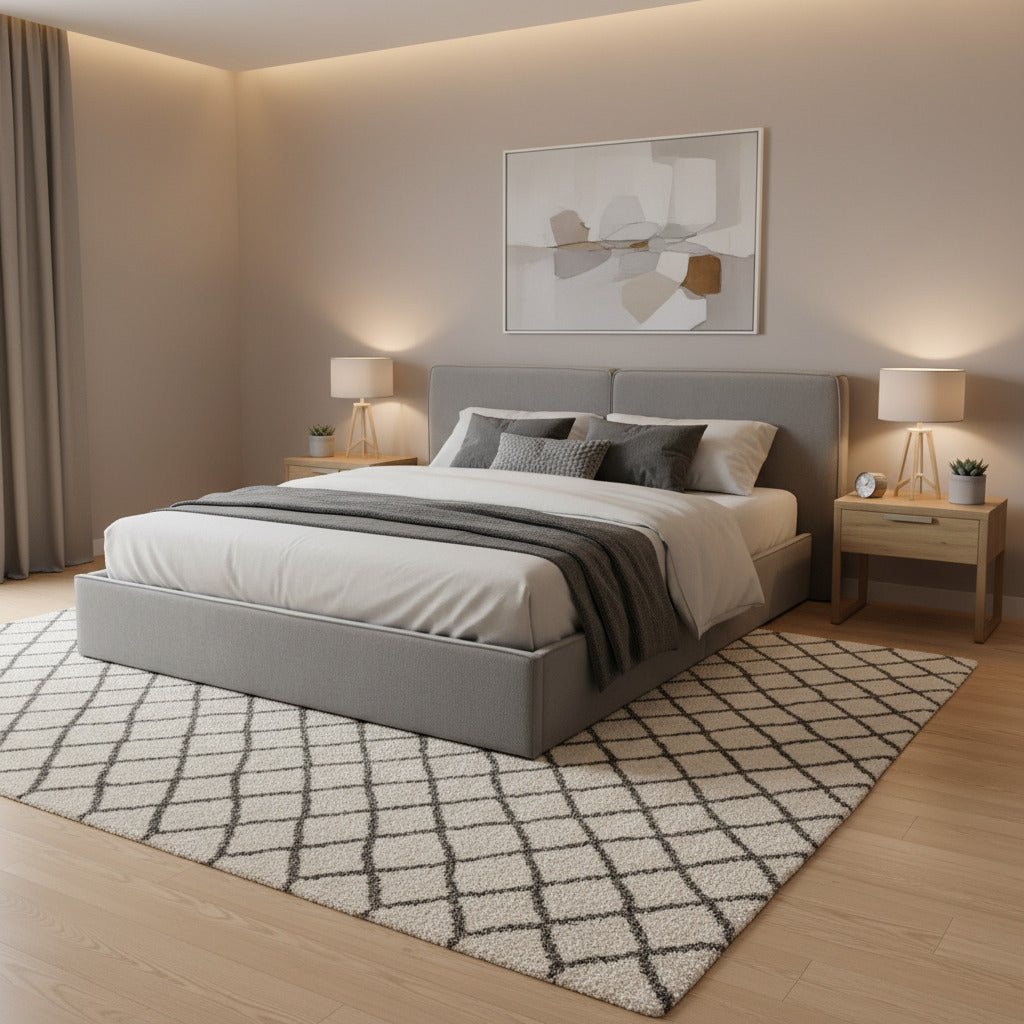 A modern platform bed frame with a gray upholstered headboard and base, supported by light wood slats, photographed in a warehouse or showroom setting.