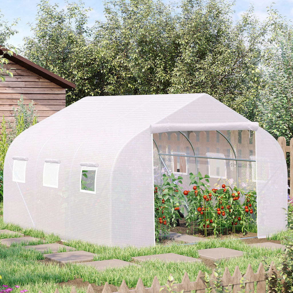 11 x 10 " Large Walk-In Tunnel Greenhouse – Portable Garden Hot House with Galvanized Steel Frame, 6 Mesh Windows, & Zippered Roll-Up Door – White Multi Market World Inc.