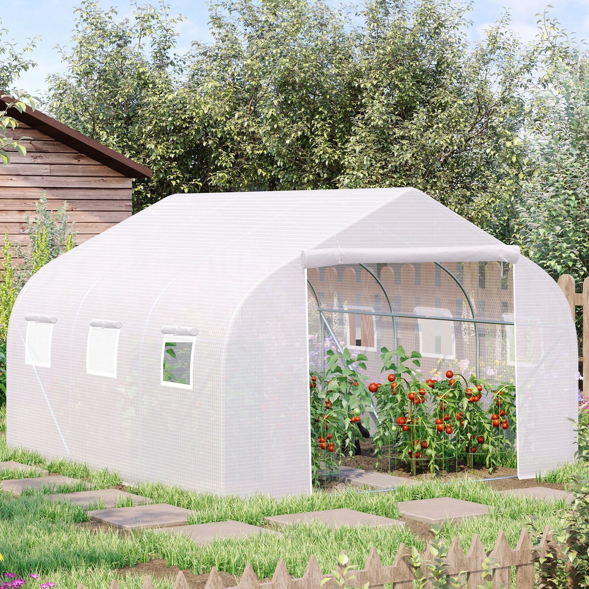 11 x 10 " Large Walk-In Tunnel Greenhouse – Portable Garden Hot House with Galvanized Steel Frame, 6 Mesh Windows, & Zippered Roll-Up Door – White Multi Market World Inc.