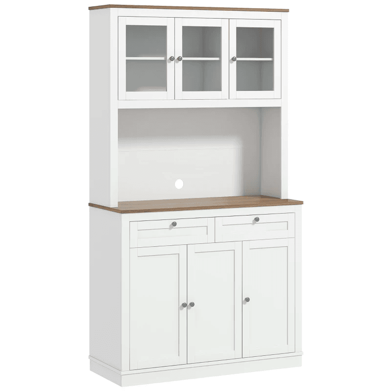 71" Kitchen Pantry Cabinet with Microwave Space, Buffet with Hutch, 2 Drawers, Adjustable Shelves and Glass Doors, White
