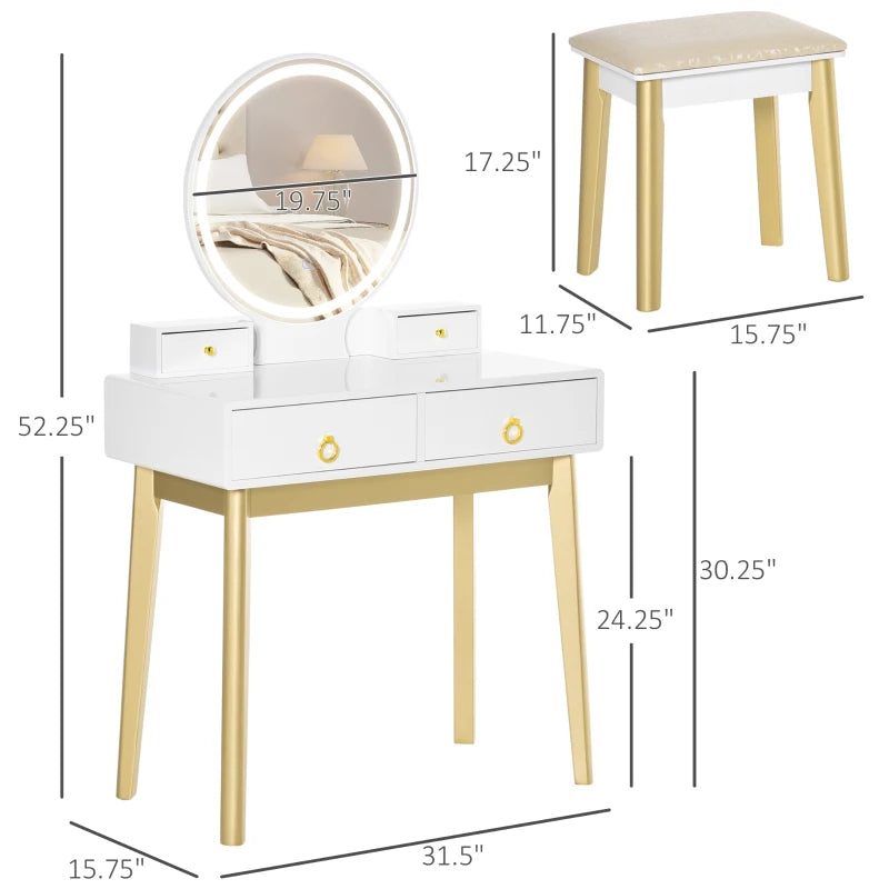Makeup Vanity Table Set with Round Mirror, Built-in 3 Color LED Light, Dressing Desk with 4 Drawers and Cushioned Stool for Bedroom, White