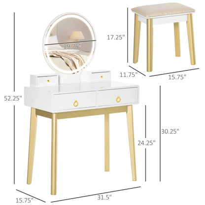Makeup Vanity Table Set with Round Mirror, Built-in 3 Color LED Light, Dressing Desk with 4 Drawers and Cushioned Stool for Bedroom, White
