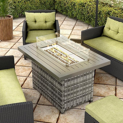 MMW 55,000 BTU 43-Inch Wicker Propane Outdoor Fire Pit Table with Aluminum Tabletop, Glass Wind Guard and Fireproof Stones for Outside Patio, Garden, Courtyard, Poolside, Gray