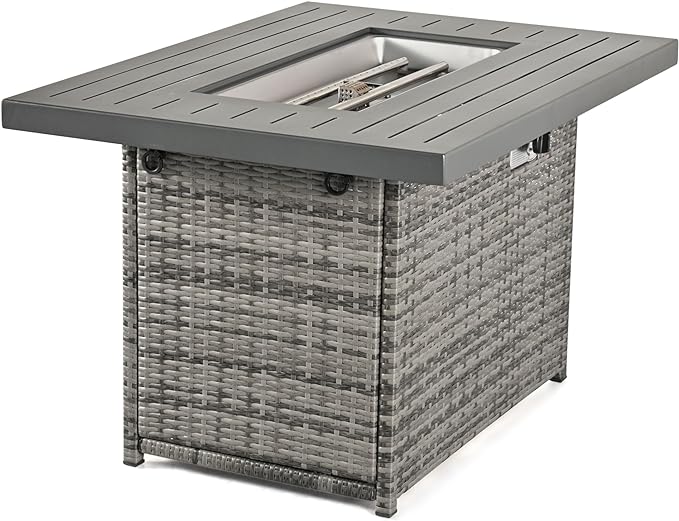 MMW 55,000 BTU 43-Inch Wicker Propane Outdoor Fire Pit Table with Aluminum Tabletop, Glass Wind Guard and Fireproof Stones for Outside Patio, Garden, Courtyard, Poolside, Gray