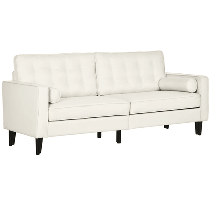 Mid-Century Sofa, Couch with Button-Tufted Back Cushion, Velvet Feel Fabric Upholstery, 2 Cylindrical Pillows and Rubber Wood Legs