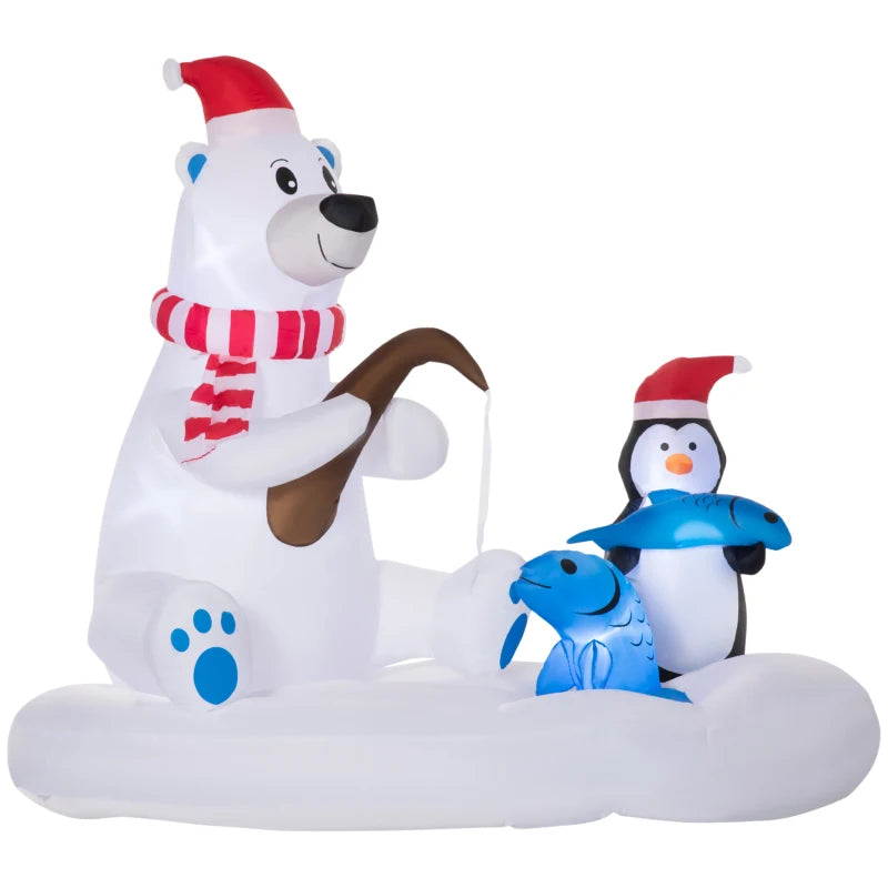 6ft Christmas Inflatable Polar Bear and Penguin with Santa's Hat Fishing on Board, Blow-Up Outdoor LED Yard Display for Lawn Garden Party