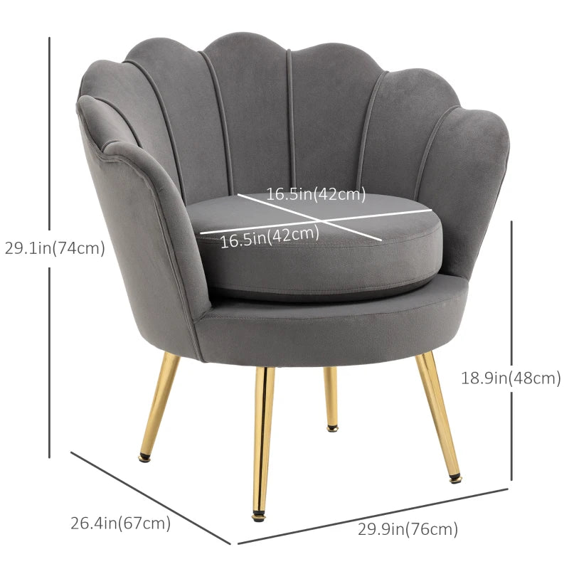 Accent Chair, Velvet-Touch Fabric Leisure Club Chair with Gold Metal Legs for Bedroom, Grey