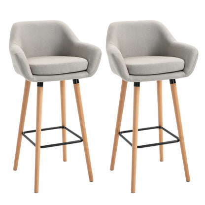 Modern Bar Stools Set of 2, 31.5" Barstools with Linen Fabric and Solid Wood Legs, Backrest and Footrest, Dining Room Kitchen Counter, Beige