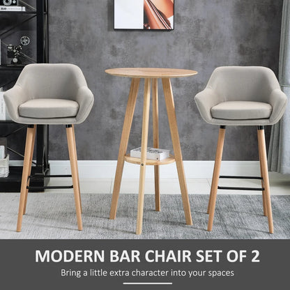 Modern Bar Stools Set of 2, 31.5" Barstools with Linen Fabric and Solid Wood Legs, Backrest and Footrest, Dining Room Kitchen Counter, Beige