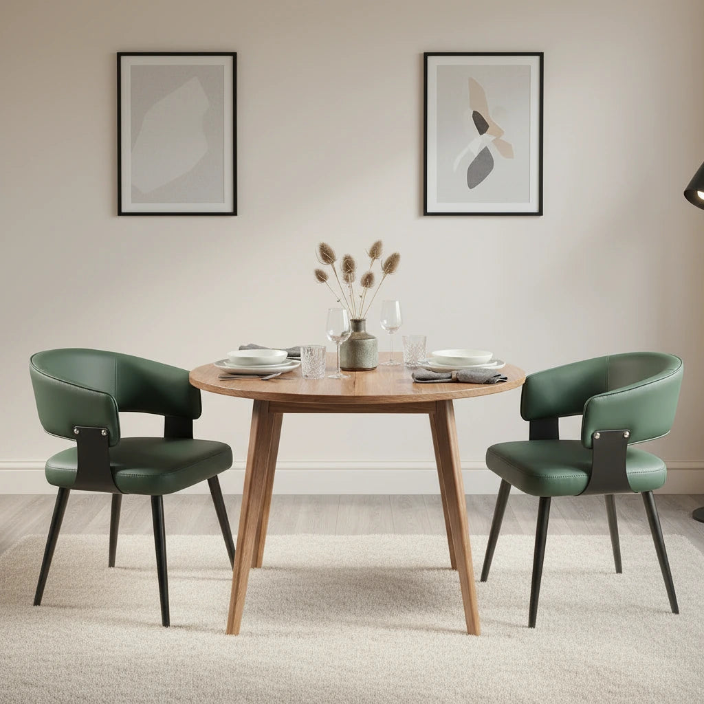 Dining area with a round table and green chairs against a white brick wall.