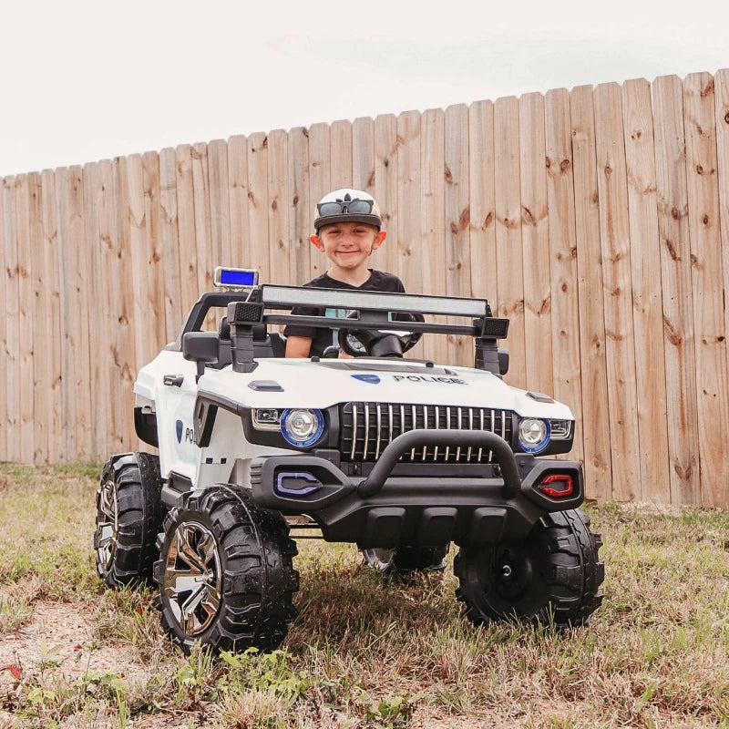 Kids Ride-On Car 12V RC 2-Seater Police Truck Electric Car For Kids with Full LED Lights, MP3, Parental Remote Control (White) Multi Market World Inc.